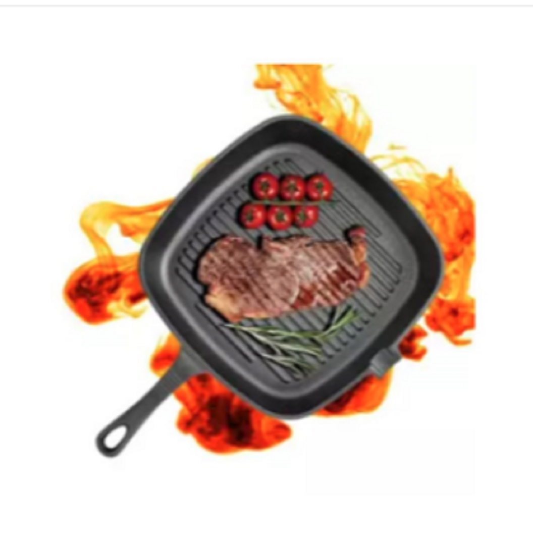 BBQ Grill Pan Ribbed Griddle Bottom Cast Iron Cookware Square Black